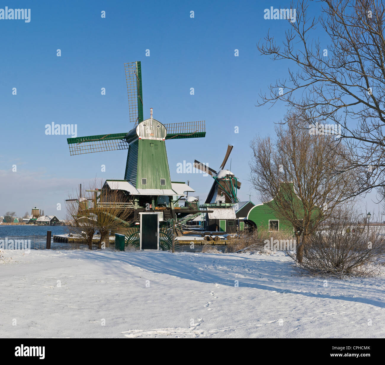 Netherlands, Holland, Europe, Zaandam, Windmill, Winter, Snow, Ice, Open air, museum, De Zaanse Schans, Stock Photo