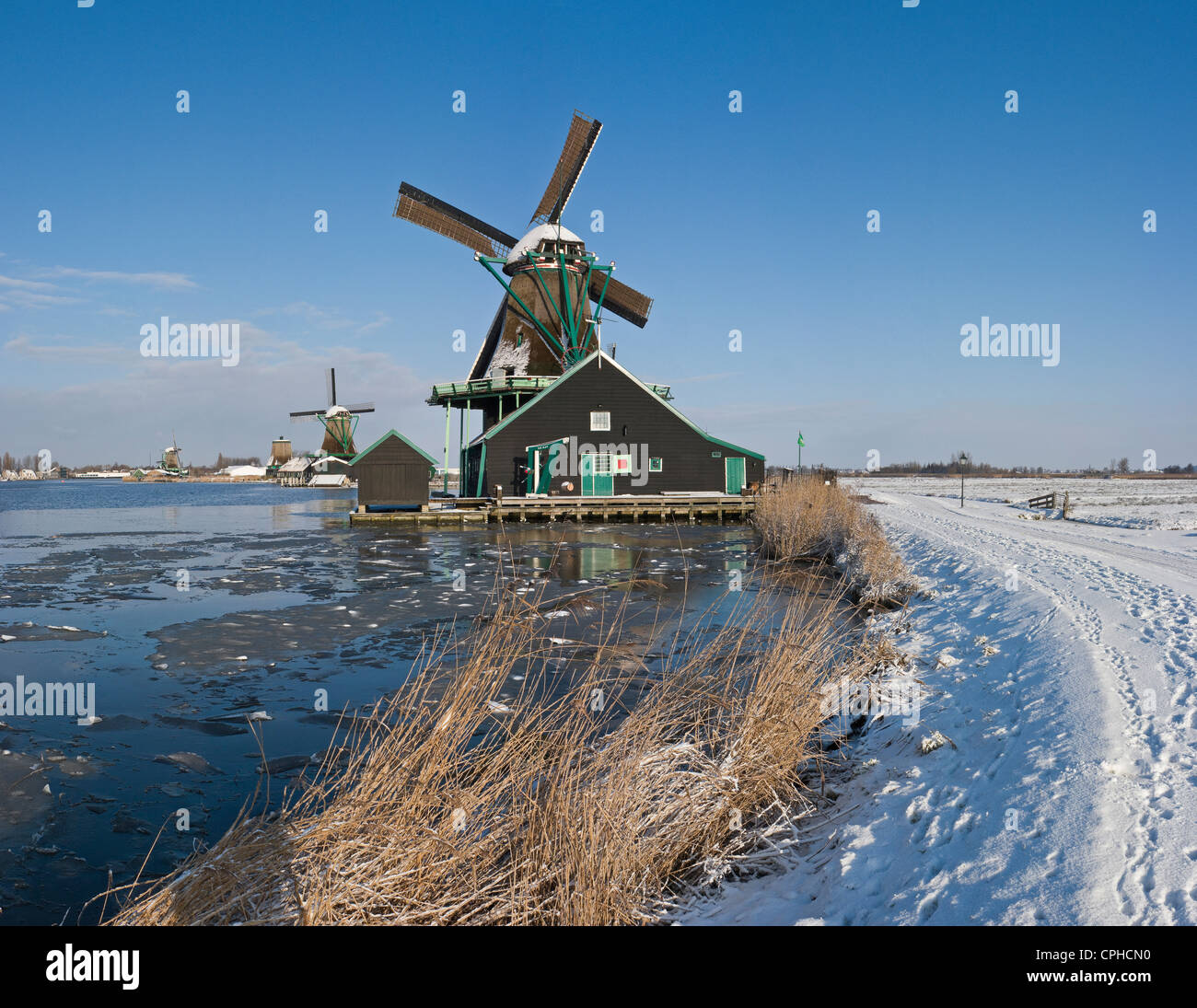 Netherlands, Holland, Europe, Zaandam, Windmill, Water, Winter, Snow, Ice, Open air, museum, De Zaanse Schans, Stock Photo