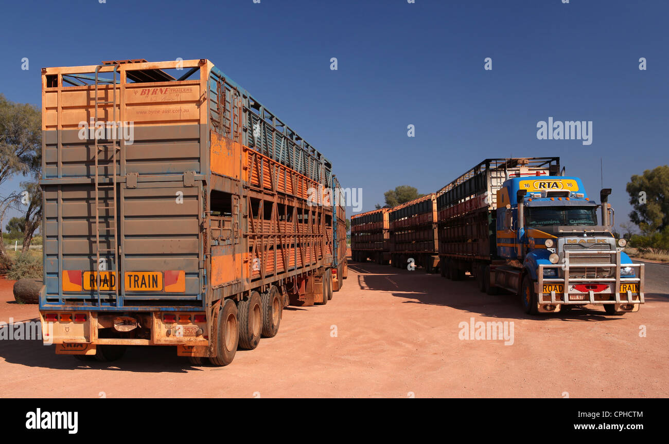 Road Trains, Trucks, TRUCK, truck, cattle transport, transport, car, automobile, desert, outback, dust, break, stop, Roadhouse, Stock Photo