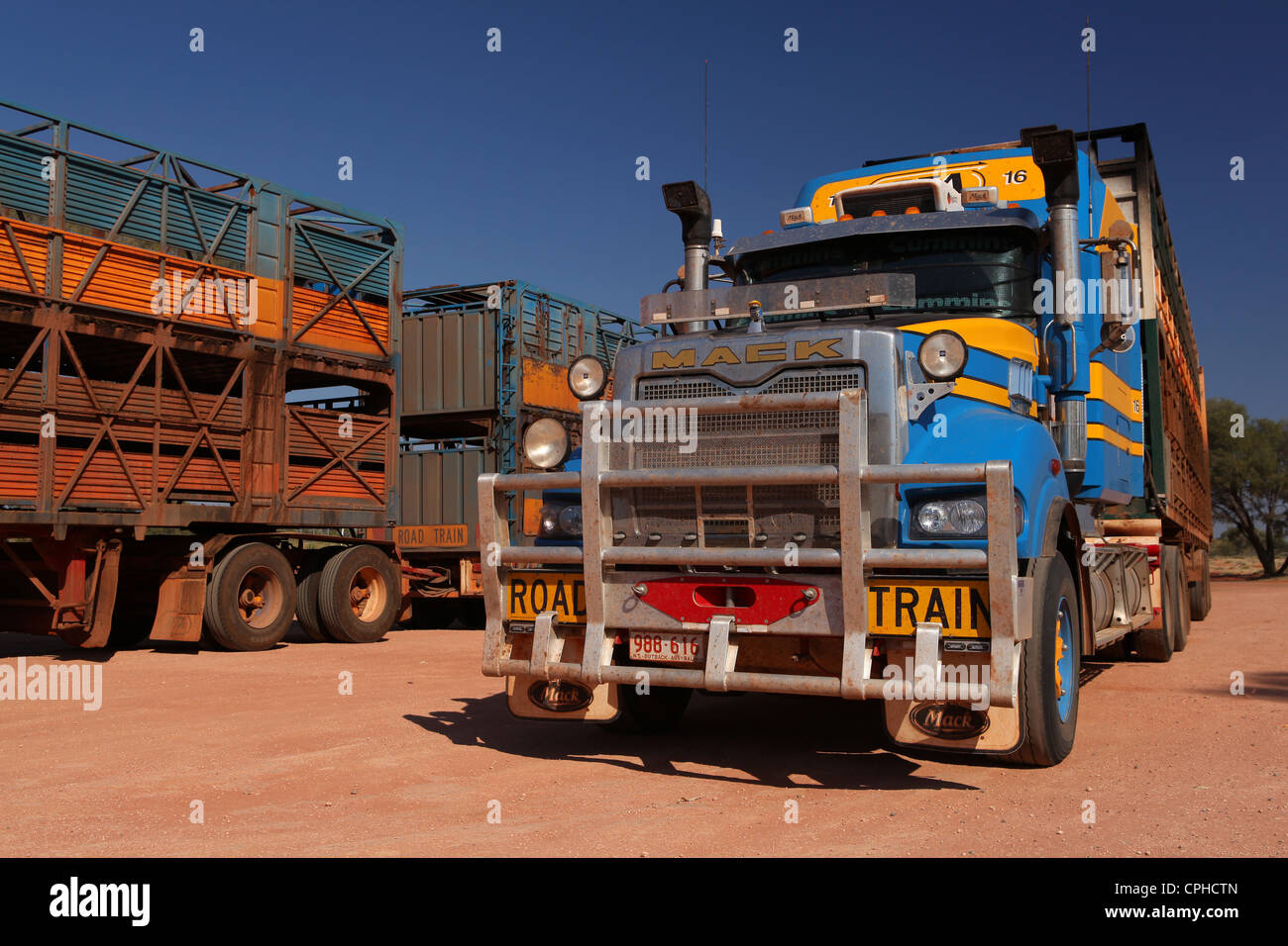 Road Trains, Trucks, TRUCK, truck, cattle transport, transport, car, automobile, desert, outback, dust, break, stop, Roadhouse, Stock Photo