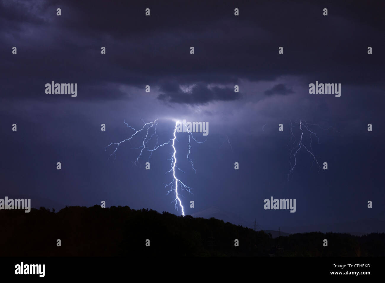 Lightning over Ljubljana hills, Slovenia. Stock Photo