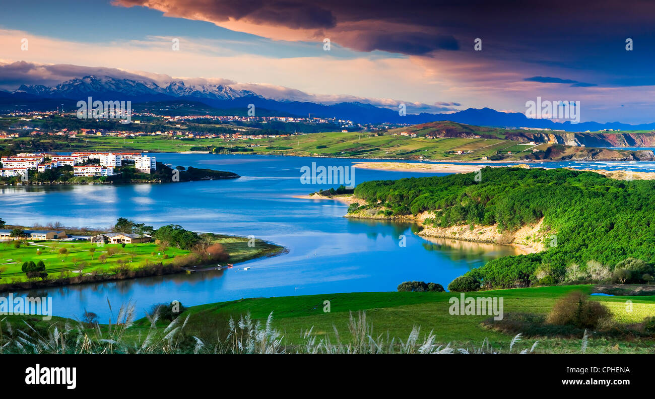 Mogro stuary in Pas river. Dunas de Liencres Natural Park, Cantabria, Spain. Stock Photo