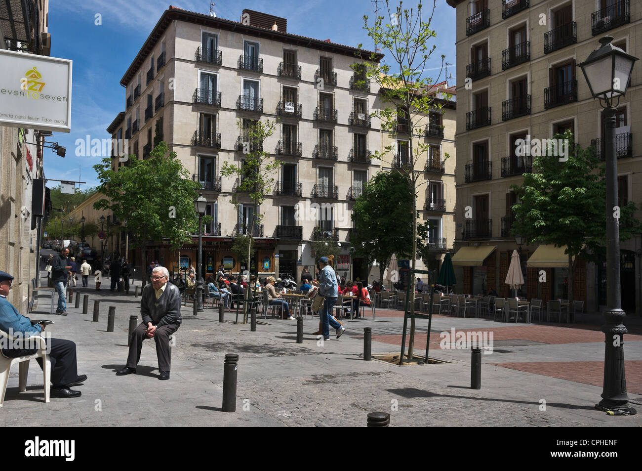 Cafe tables in the Plaza de Chueca, Central Madrid, Spain Stock Photo