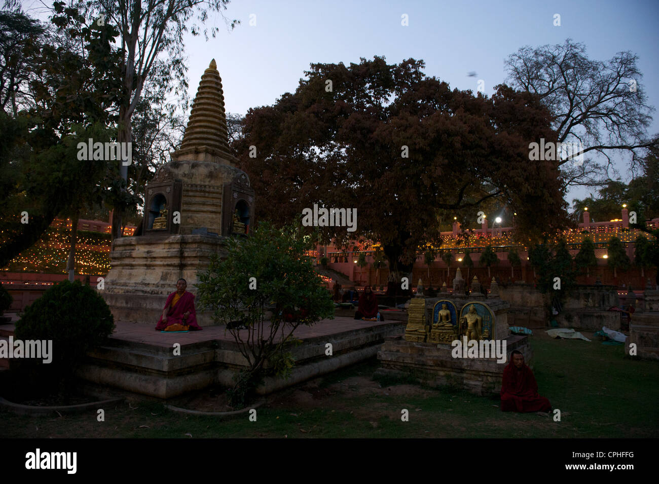 Mahabodhi Temple, home of the Banyan Tree under which the Lord Budha received enlightenment, Bodh Gaya, Bihar, India Stock Photo