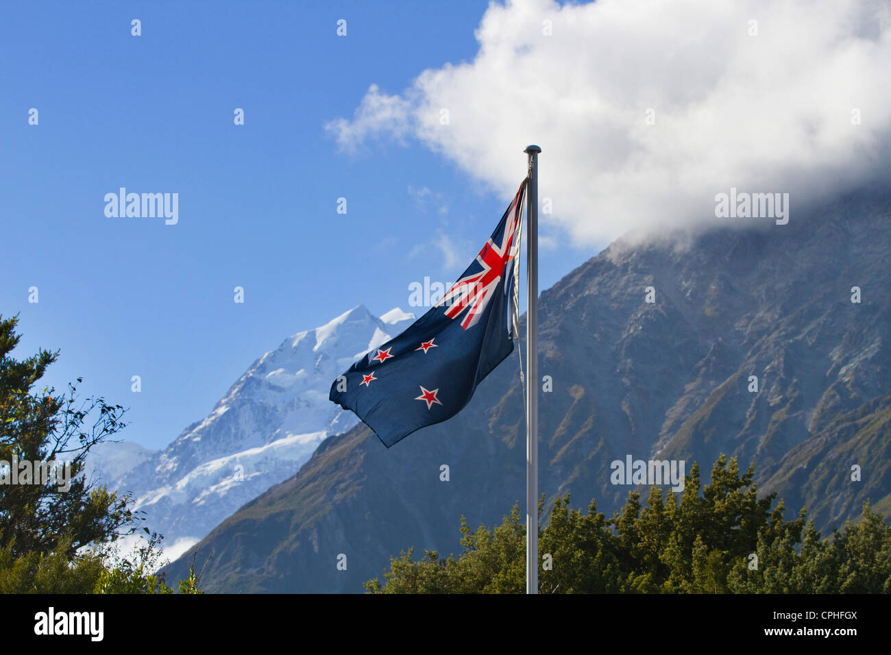 New Zealand Flag in front of Mount Cook Stock Photo