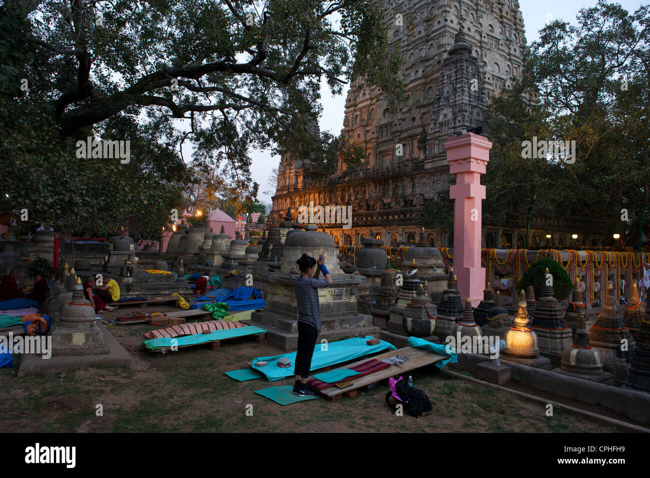 Mahabodhi Temple, home of the Banyan Tree under which the Lord Budha received enlightenment, Bodh Gaya, Bihar, India Stock Photo