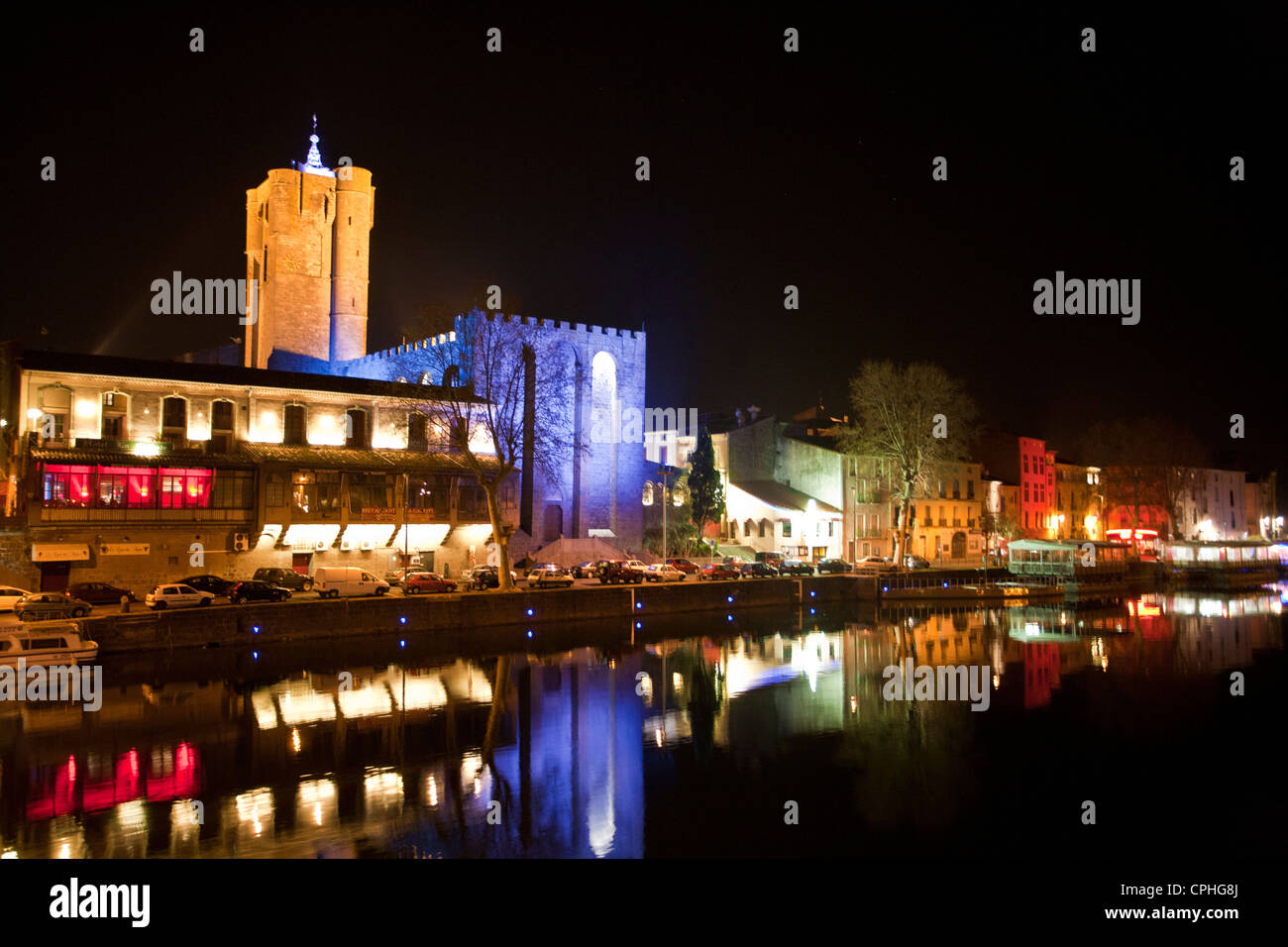 France, Europe, cape d'Agde, night, town, city, harbour, port, water, Herault, Languedoc Rousillon, Stock Photo