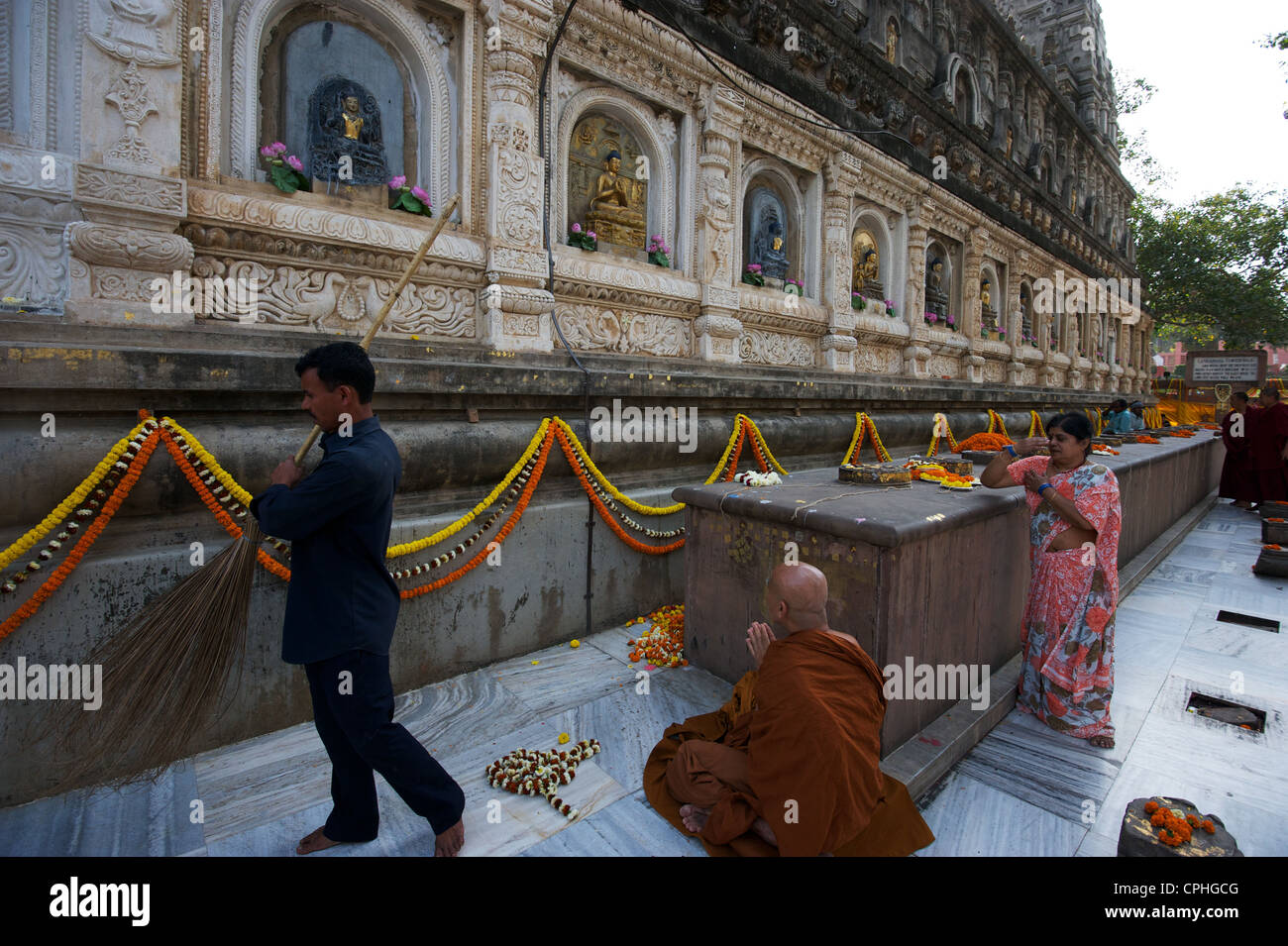 Mahabodhi Temple, home of the Banyan Tree under which the Lord Budha received enlightenment, Bodh Gaya, Bihar, India Stock Photo