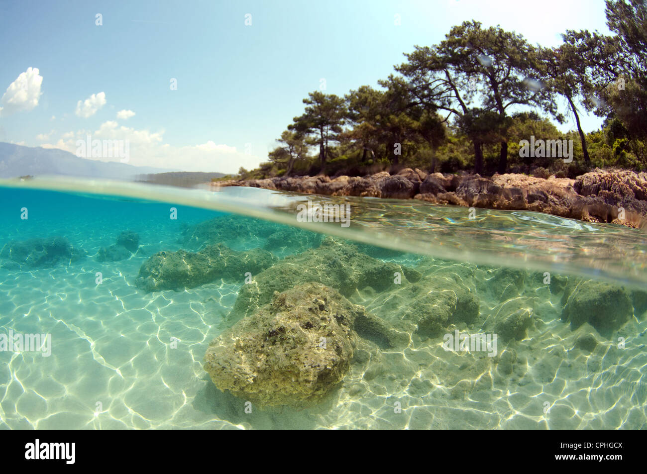 Split level, underwater landscape, Cleopatra island (Sedir Island), Aegean Sea, Turkey Stock Photo