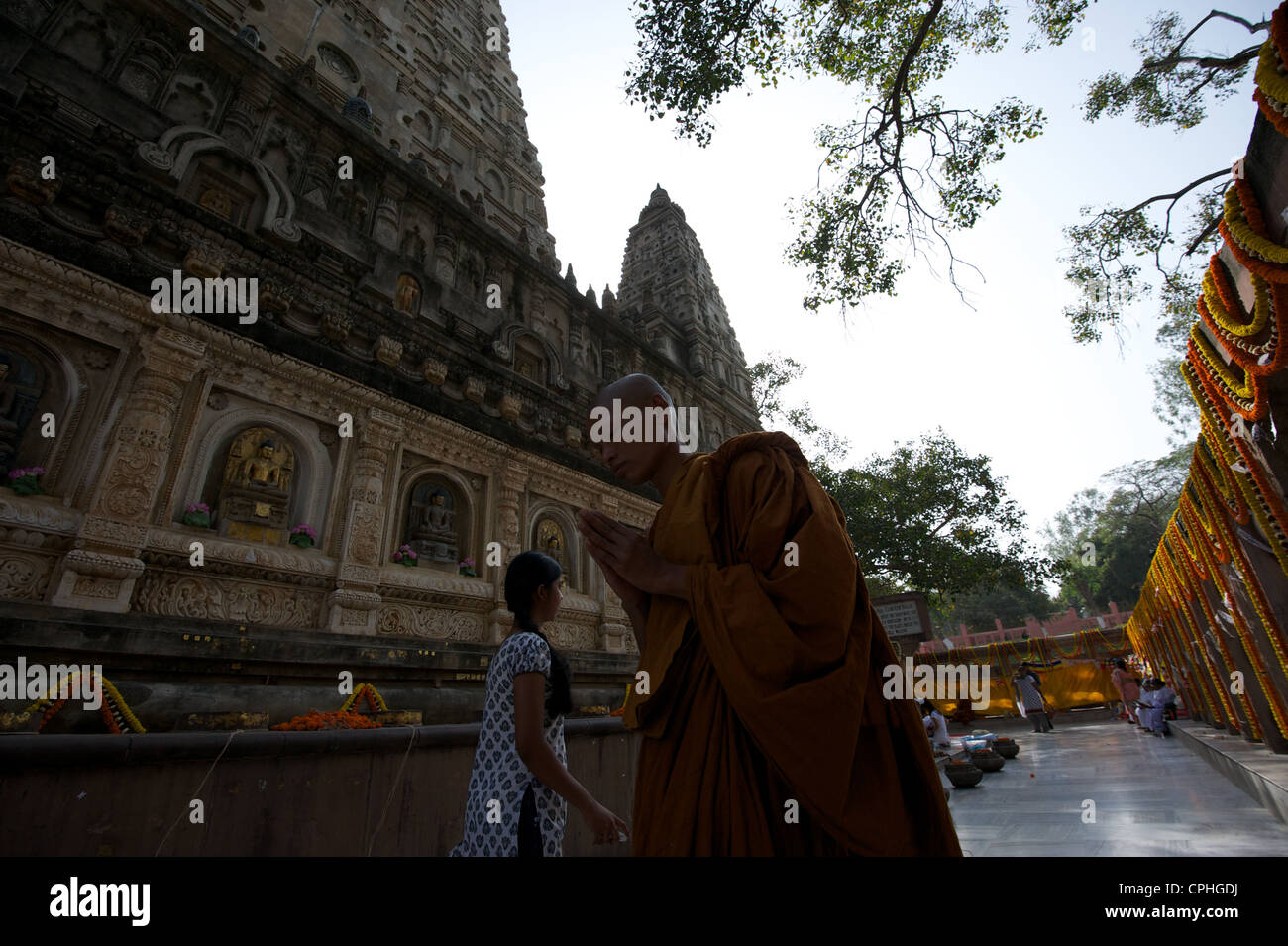 Mahabodhi Temple, home of the Banyan Tree under which the Lord Budha received enlightenment, Bodh Gaya, Bihar, India Stock Photo