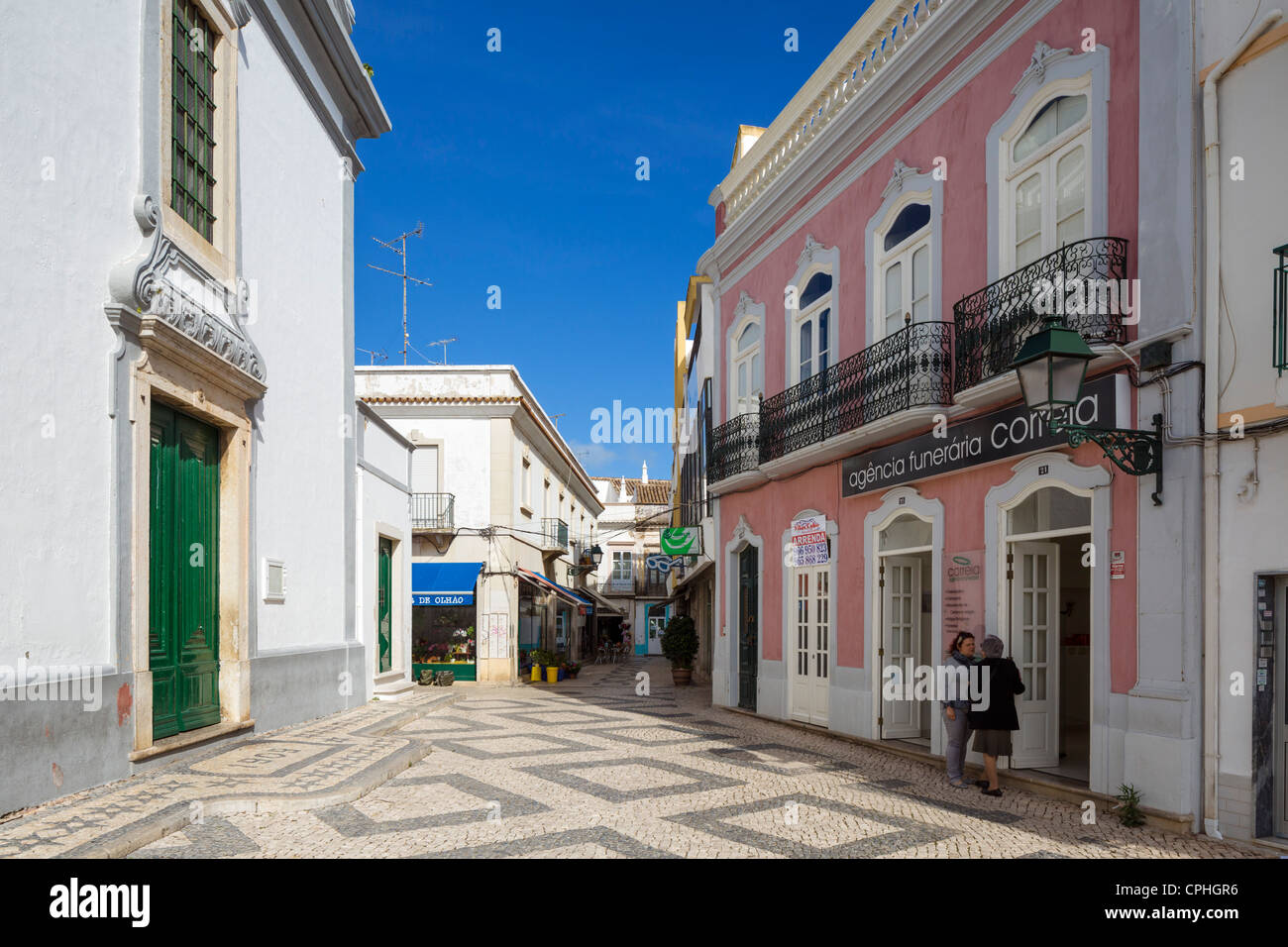 Street near Praca da Restauracao in the old town centre, Olhao, Algarve, Portugal Stock Photo