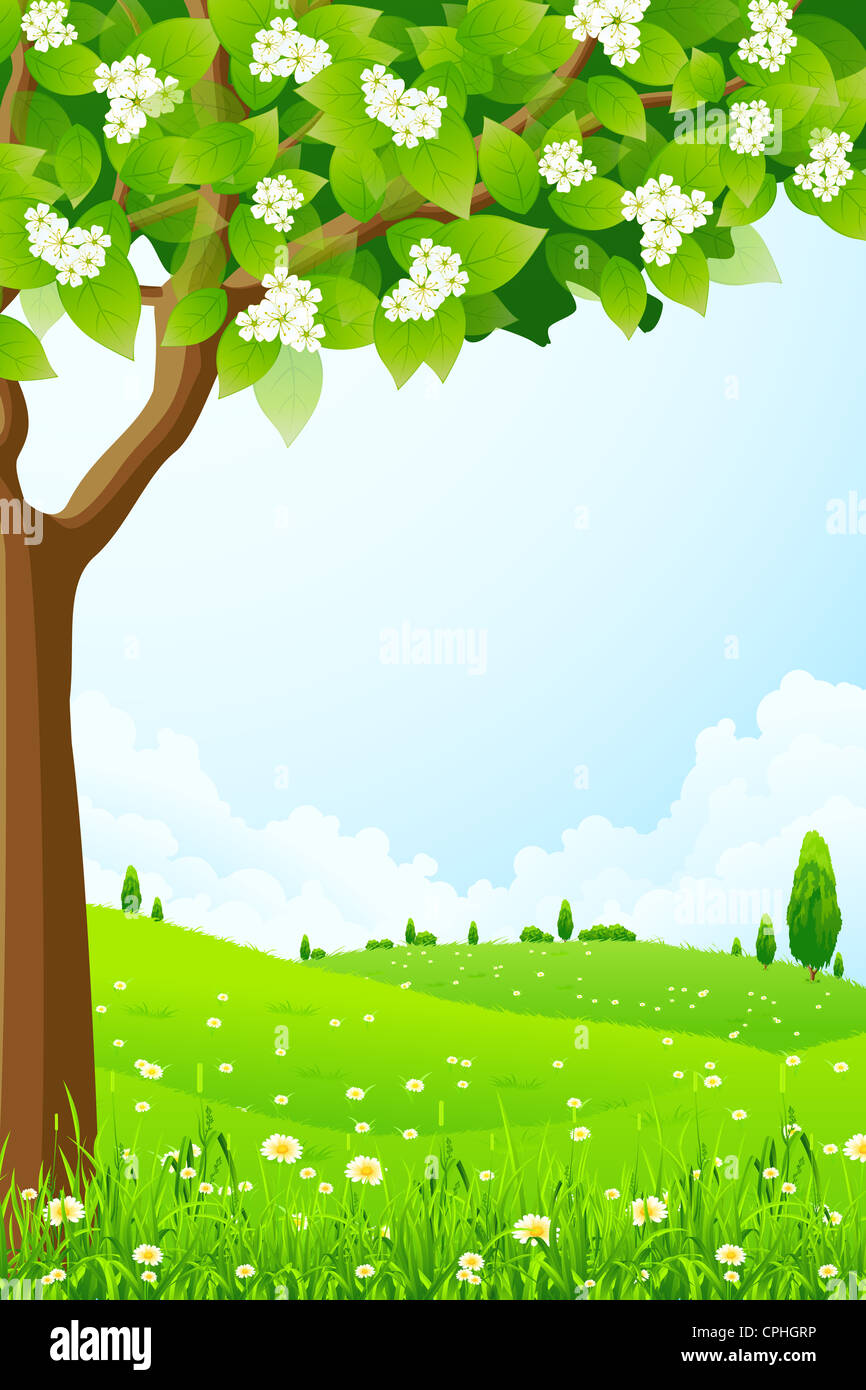 Green Landscape with Flowers Trees and Clouds Stock Photo - Alamy