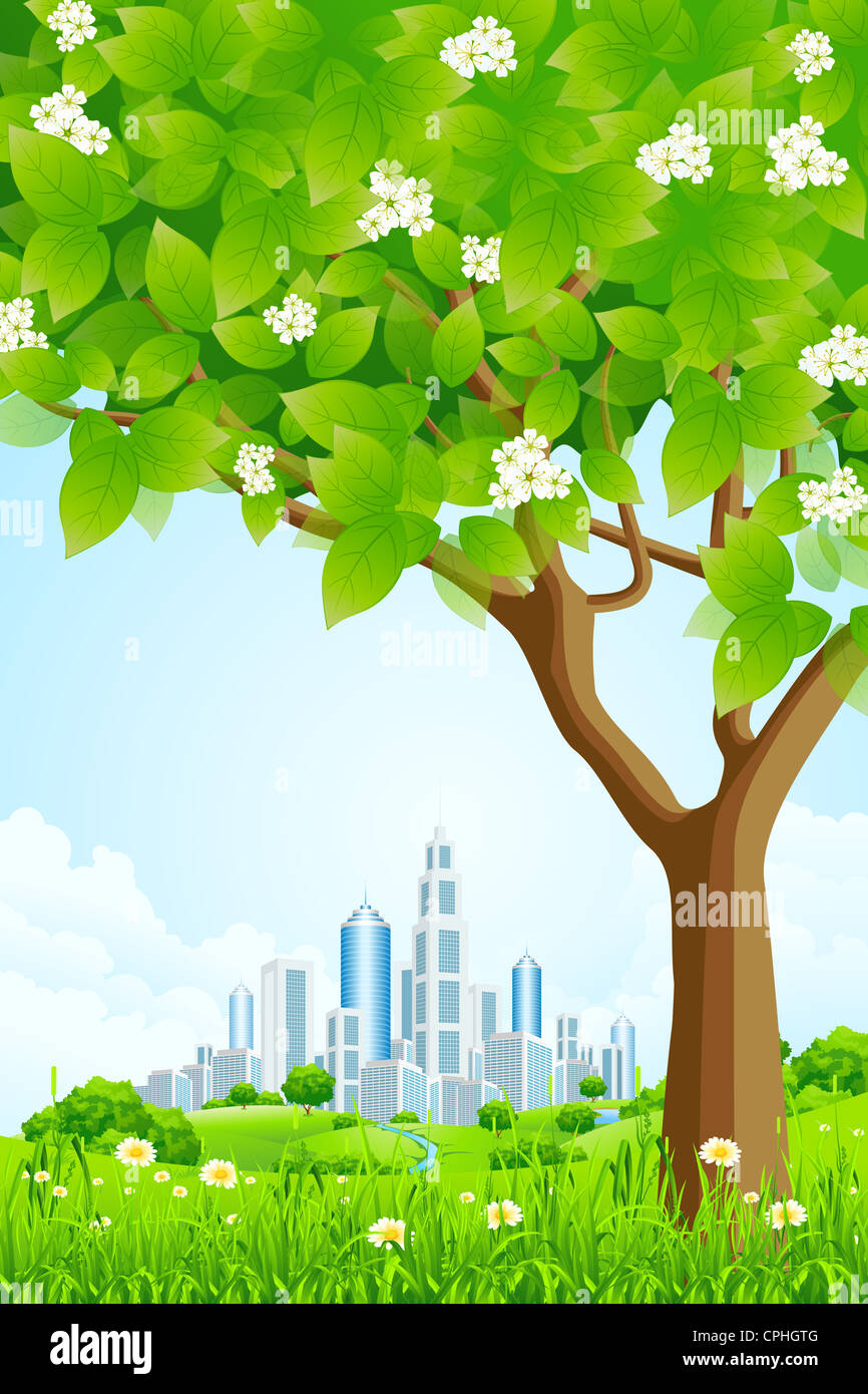 Green Background with Trees Flowers Hills and City Stock Photo - Alamy