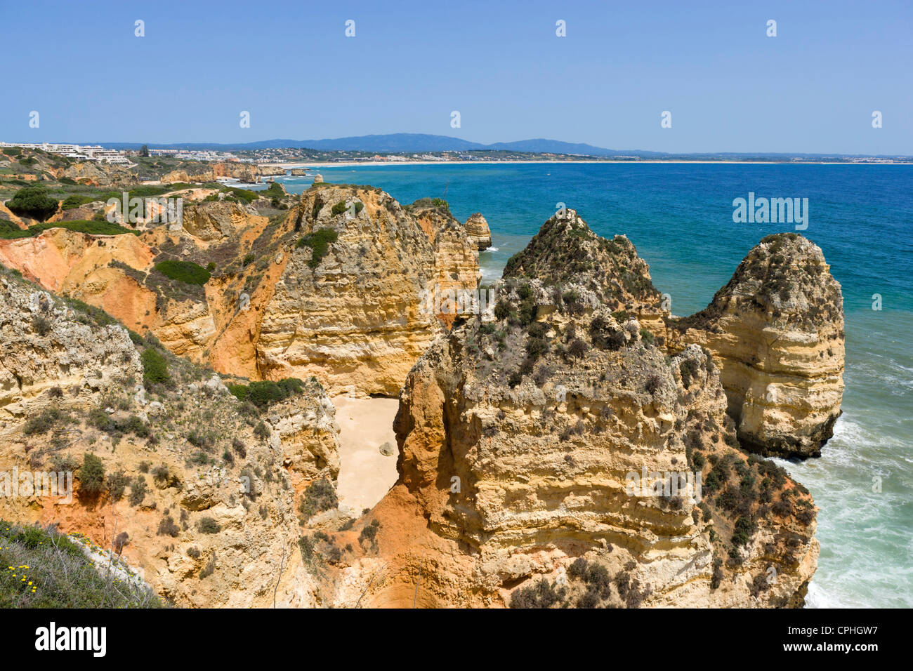 View along the coast from Ponta da Piedade near Lagos, Algarve, Portugal Stock Photo