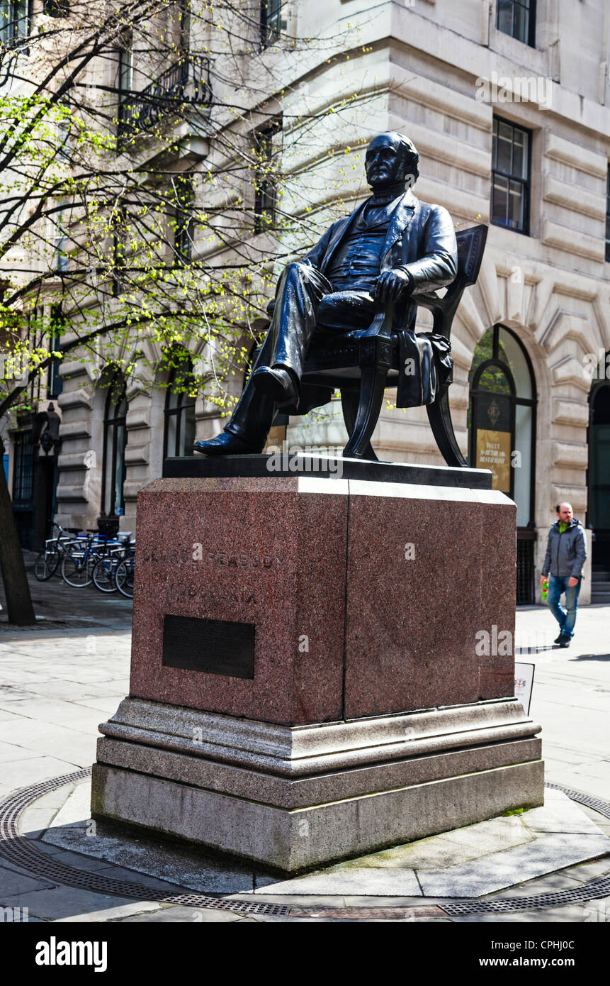 Statue of George Peabody at the rear of the Royal Exchange, City of London, England. Stock Photo