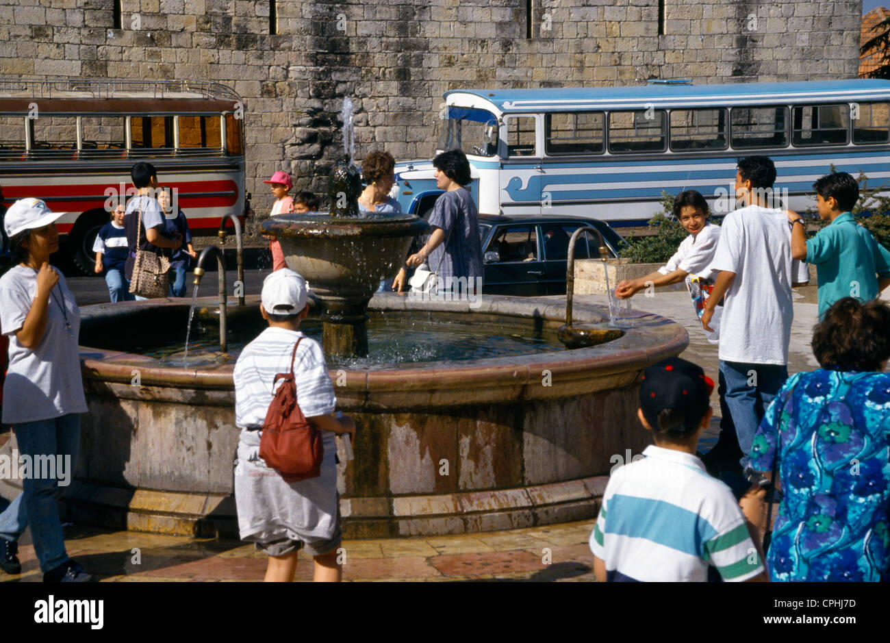 Deir El Qamar Lebanon School Children on Visit Washing Hands In The Fountain designed in A Classical Caravansari Style Stock Photo