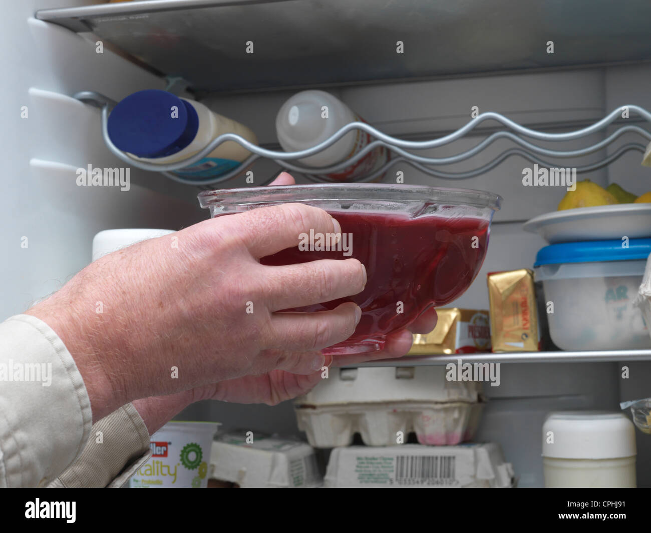Putting Raspberry Jelly into Fridge to Set Using a Rabbit Shaped Jelly