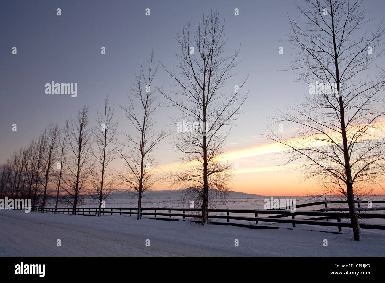 Sunset in the winter on the Rathdrum Prairie in northern Idaho. Stock Photo