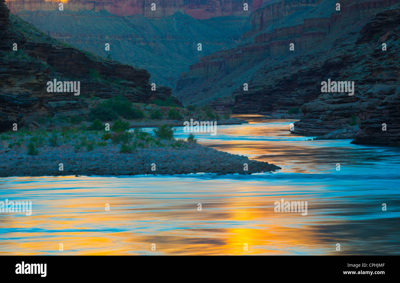 Golden and Blue Colors on Colorado River in the Grand Canyon Stock ...