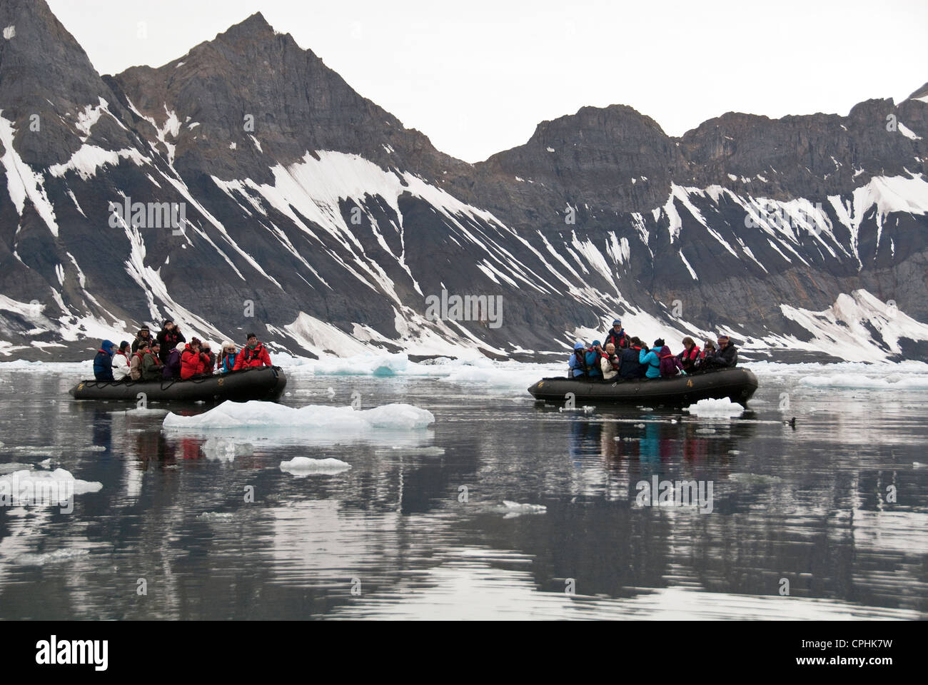 Zodiac Visitors and icebergs Burgerbukta, Hornsund Spitsbergen Norway Stock Photo