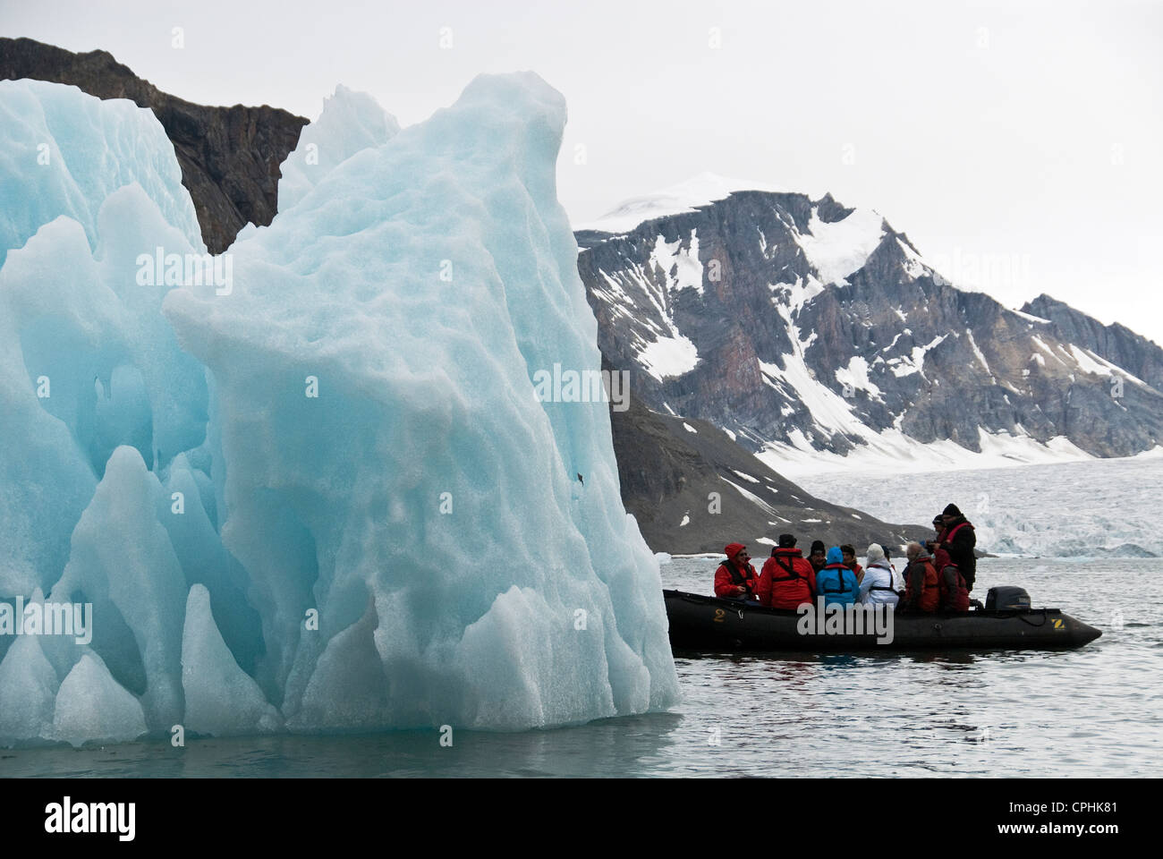 Zodiac Visitors and icebergs Burgerbukta, Hornsund Spitsbergen Norway Stock Photo
