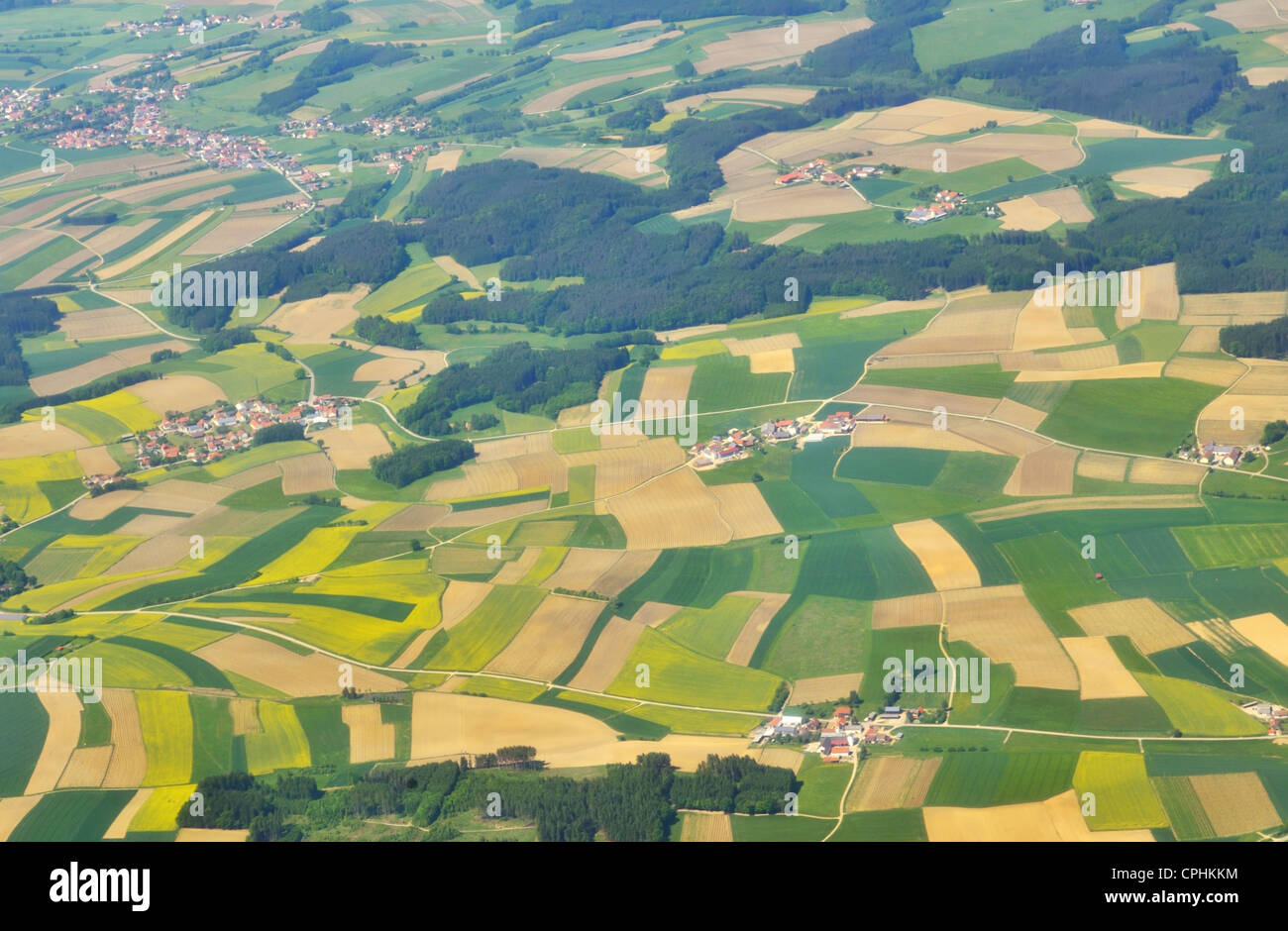aerial view of green fields above germany Stock Photo