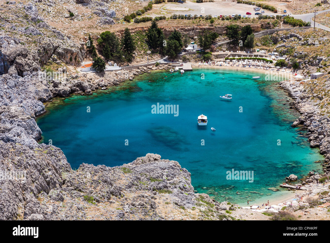 Looking down onto St Paul's Bay at Lindos on the Island of Rhodes ...