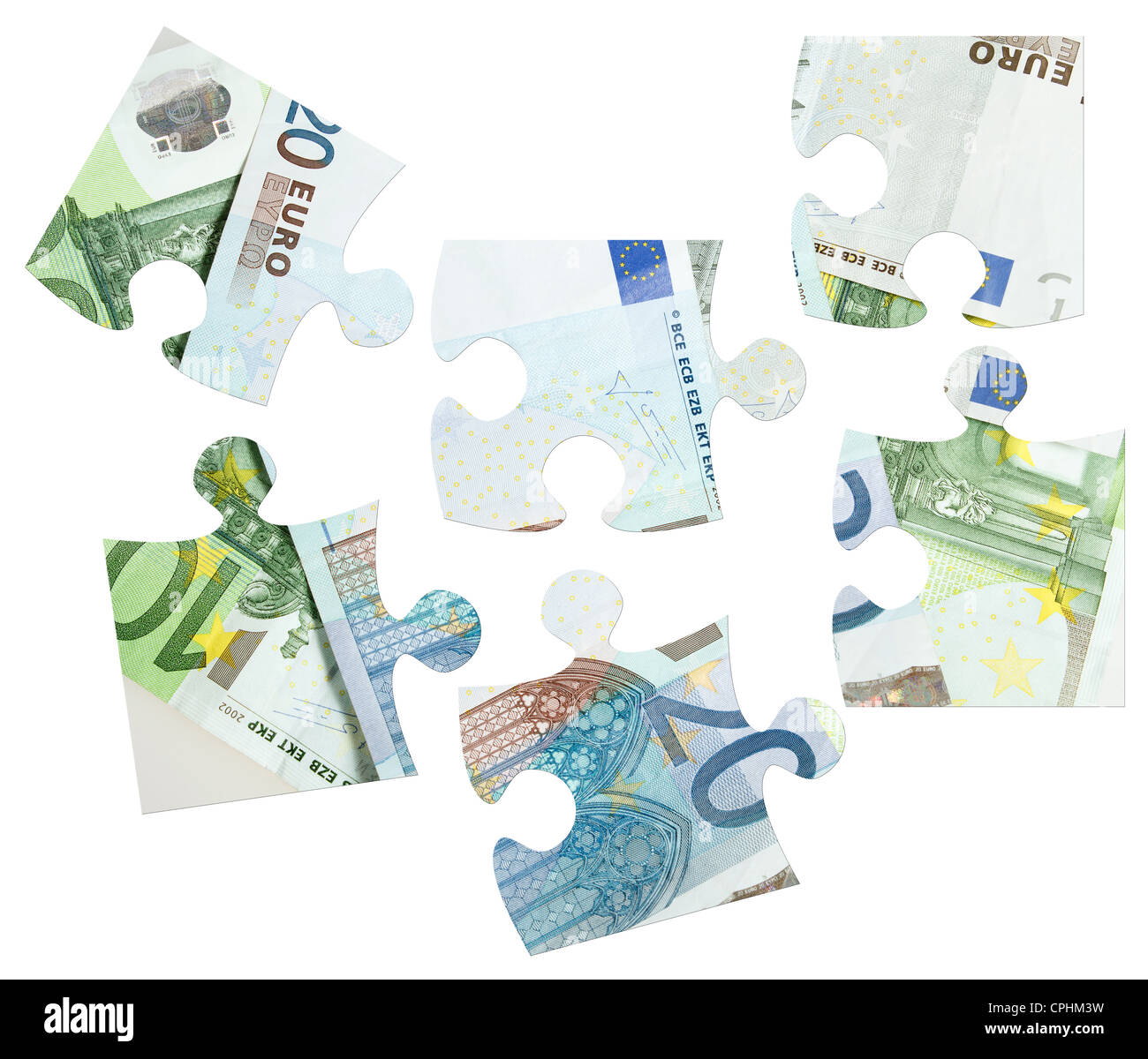 pieces of Euro banknotes puzzles on white background Stock Photo - Alamy