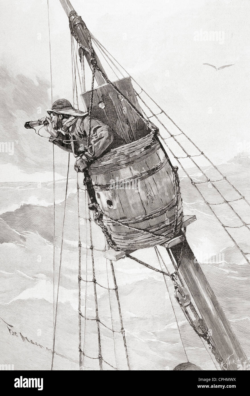 The lookout on top of the mast of a whaler in the late 19th century. From L'Illustration published 1897. Stock Photo