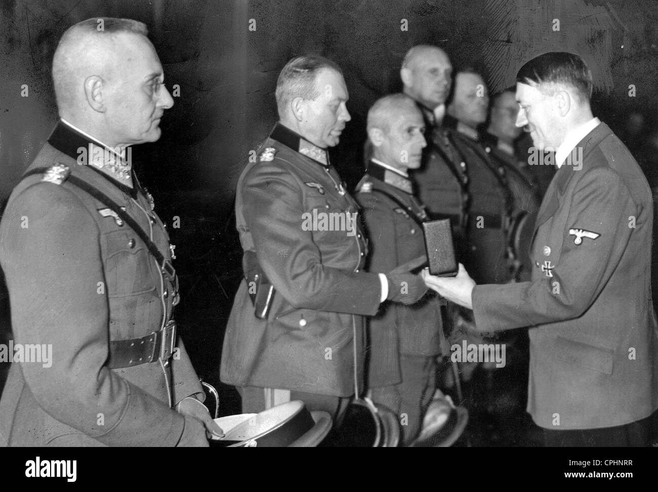 Adolf Hitler awarding the Knight's Cross of the Iron Cross to General Heinz Guderian, 1939 (b/w photo) Stock Photo