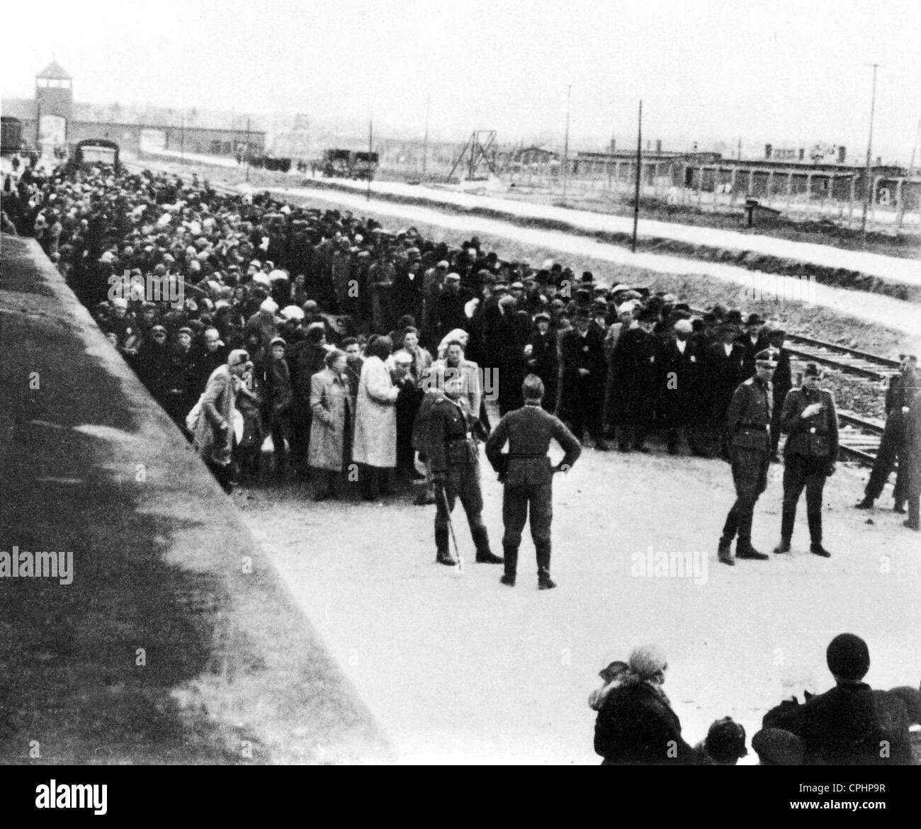 Arriving Jews on the 'ramp' at Auschwitz concentration camp, 1940-44 (b/w photo) Stock Photo