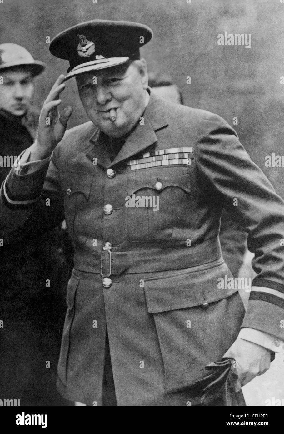 Portrait of Winston Churchill in RAF uniform returning from the Casablanca Conference, London, January 1943 (b/w photo) Stock Photo