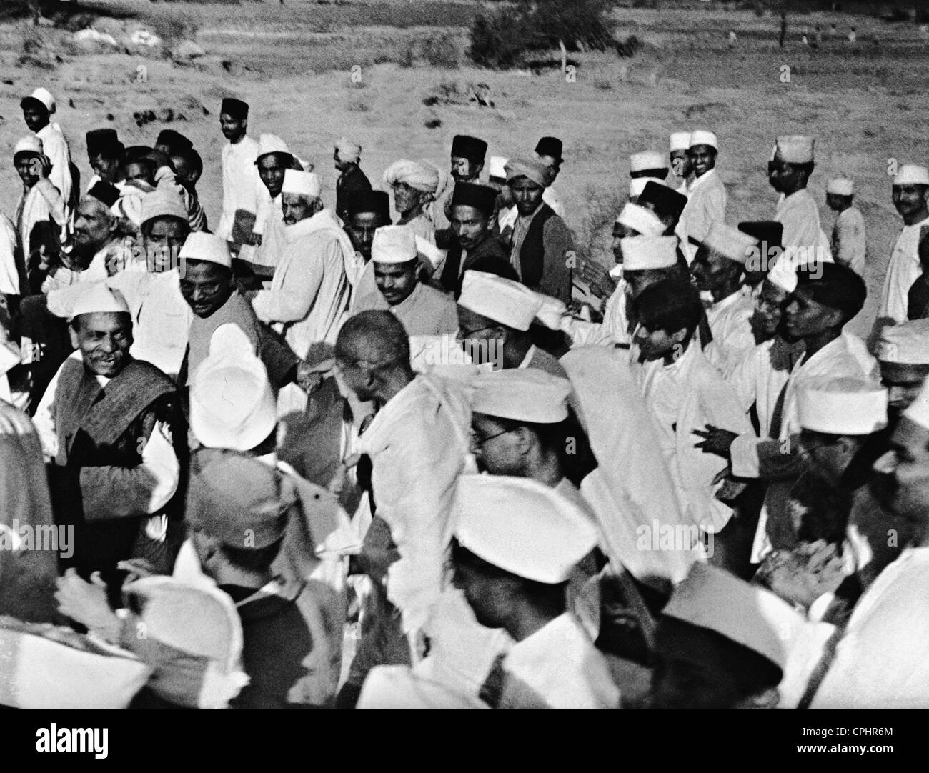 Mahatma Gandhi with his followers during the Salt March, 1930 (b/w photo) Stock Photo
