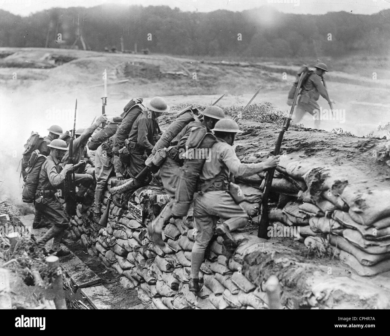 American Troops Exercise Assault Tactics during World War I, 1918 Stock Photo