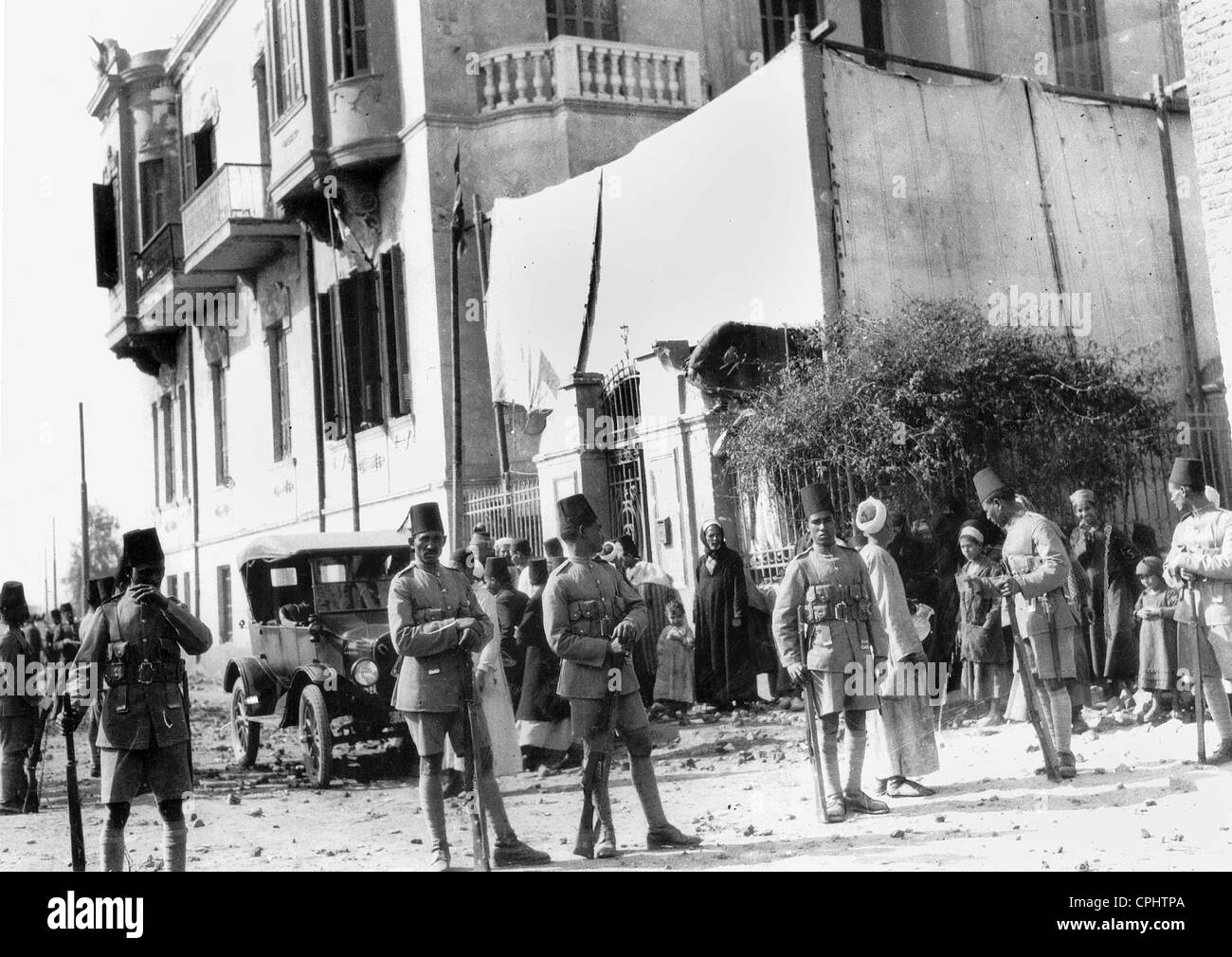 Soldiers guard the house of an Egyptian Member of Parliament, 1928 Stock Photo