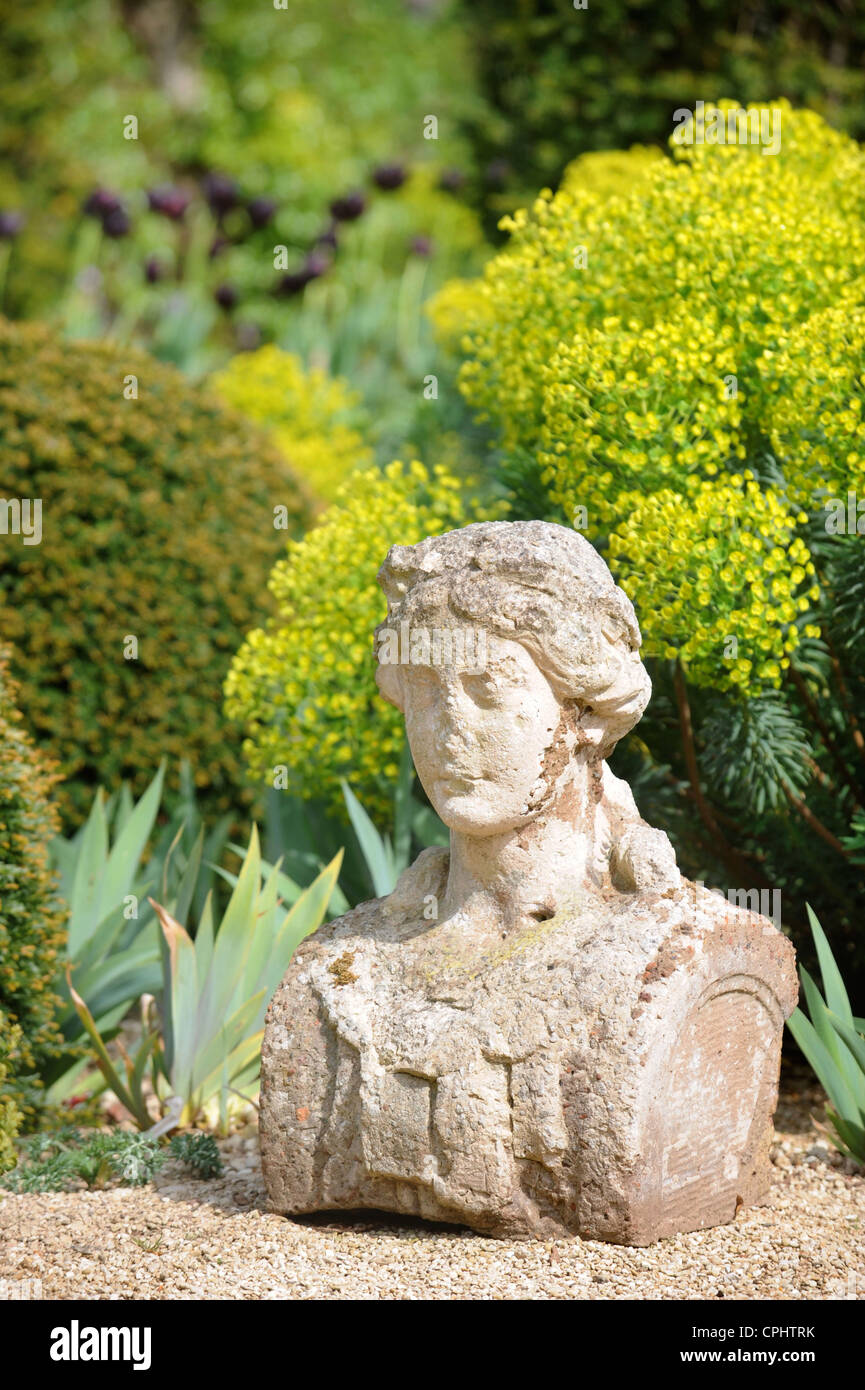 A garden path with a classical bust surrounded by Euphorbia wulfenii UK