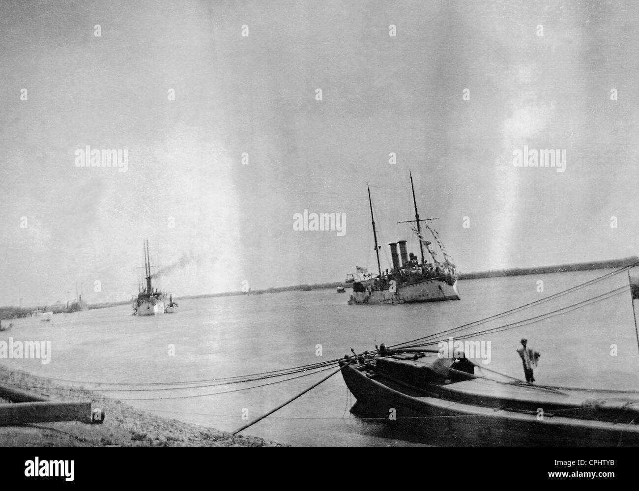 German gunboats 'Iltis' and 'Jaguar' in front of Tongku, 1900 Stock Photo
