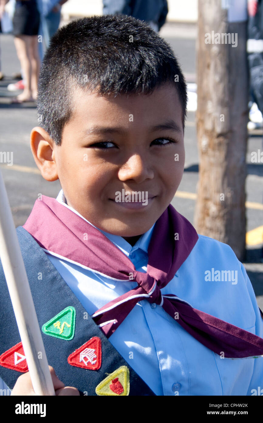 Happy Mexican American Boy Scout participating in parade and fiesta. Mexican Independence Day Minneapolis Minnesota MN USA Stock Photo