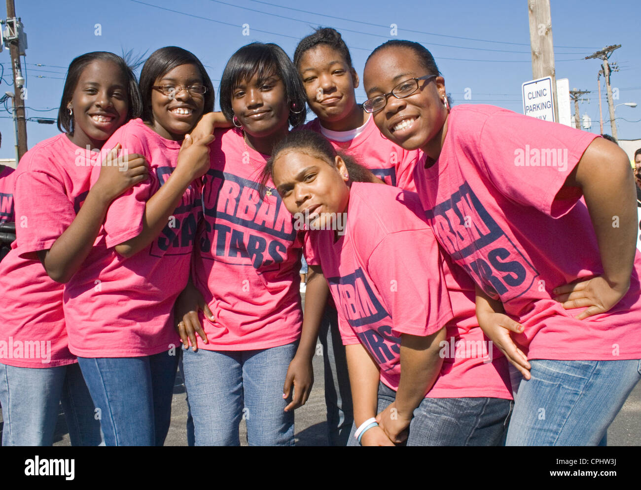 Female black teenage members of the Urban Stars Jump Rope Team.  Mexican Independence Day Minneapolis Minnesota MN USA Stock Photo
