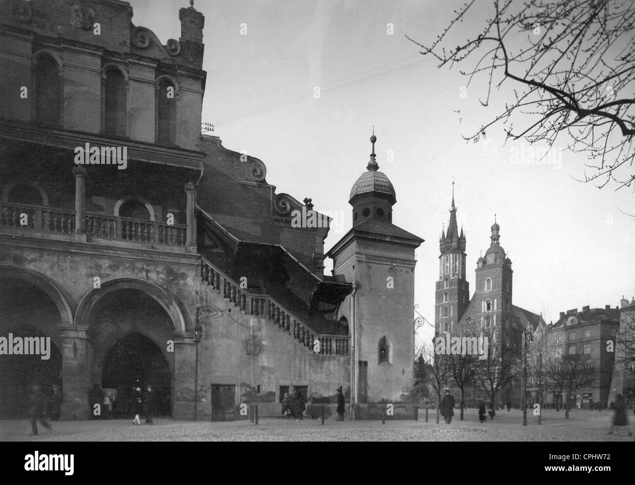 Cloth halls, city hall tower and gothic Marienkirche Stock Photo