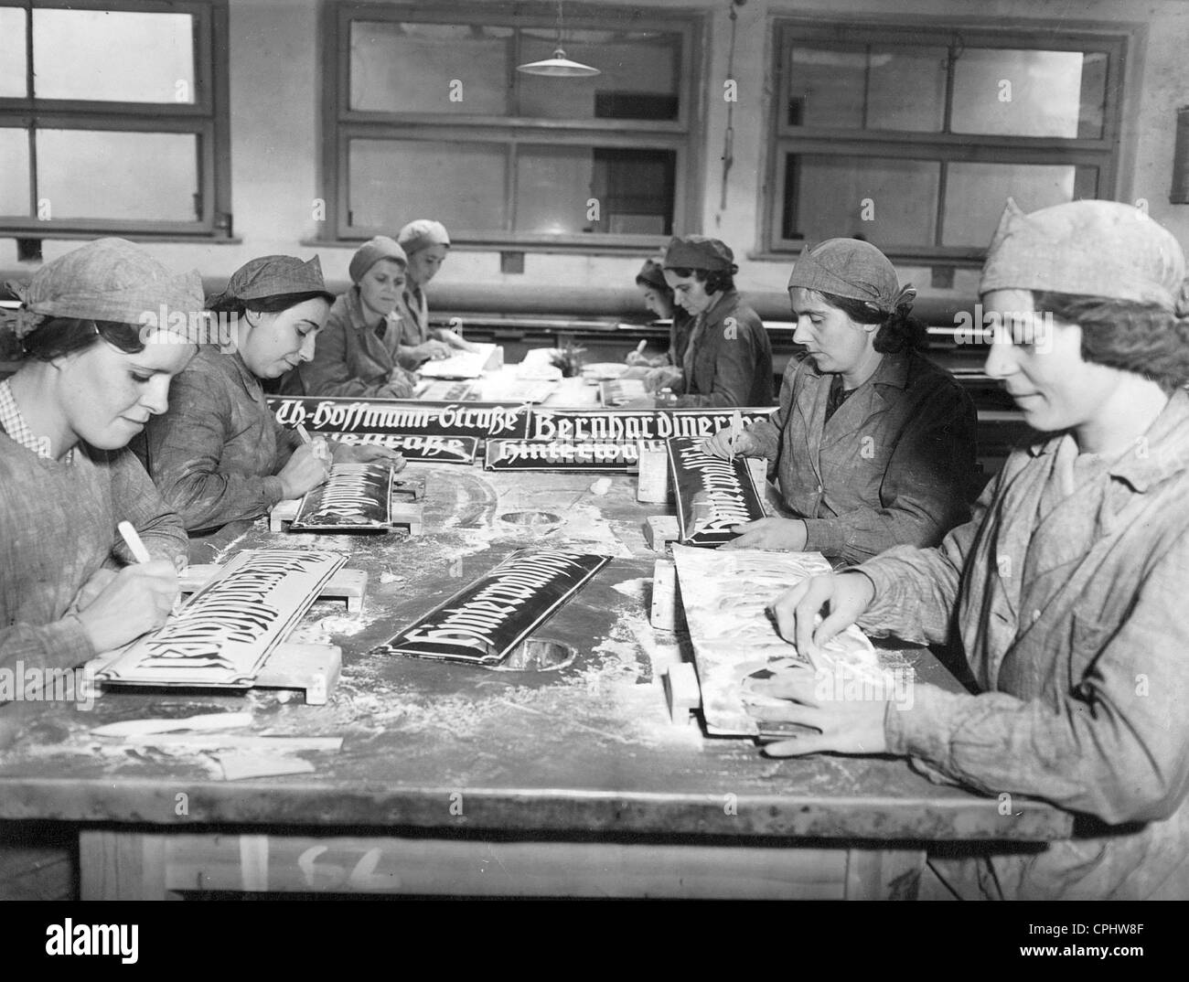 Production of German street signs in Poznan, 1939 Stock Photo