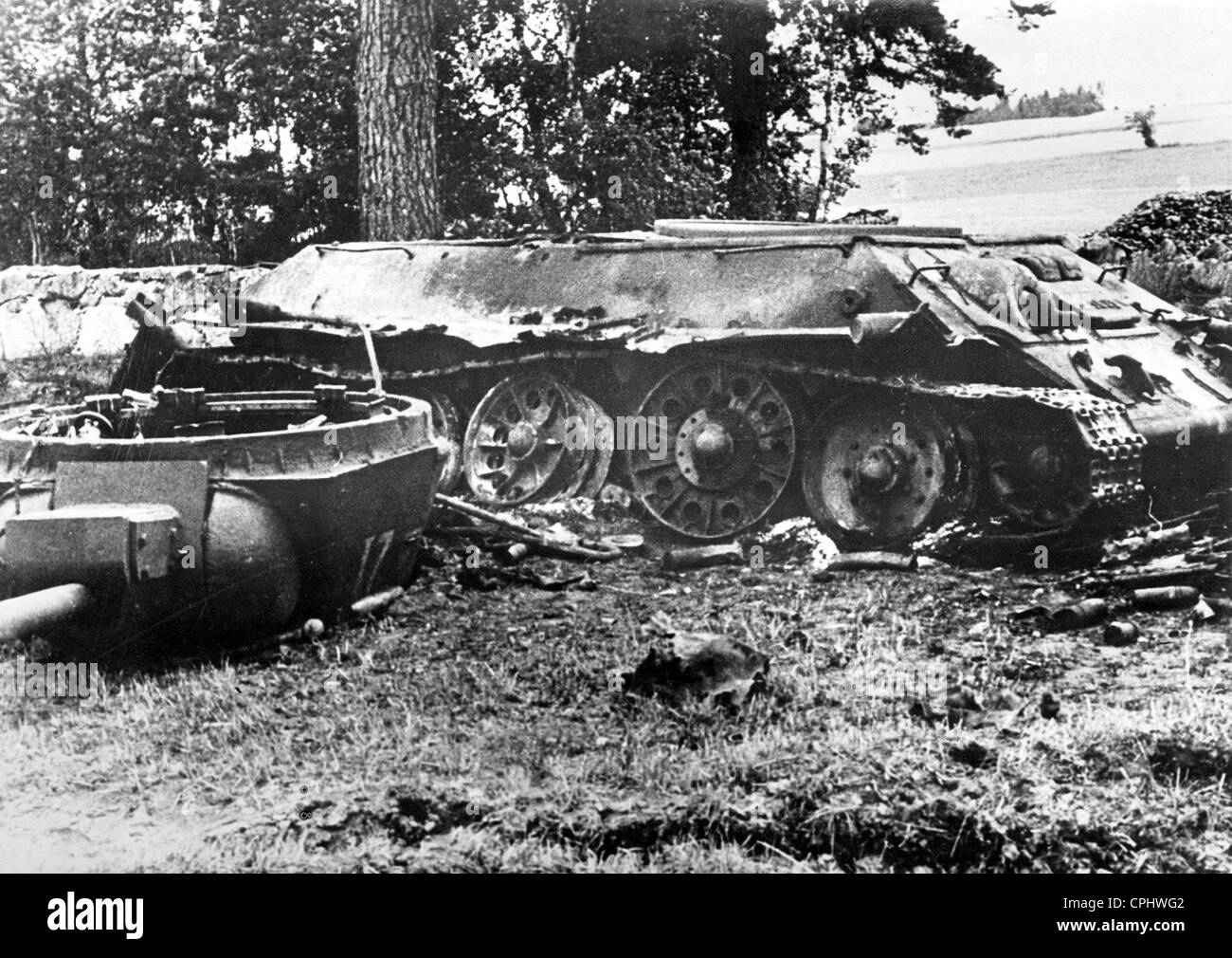 Destroyed Russian T-34 tank, 1944 Stock Photo