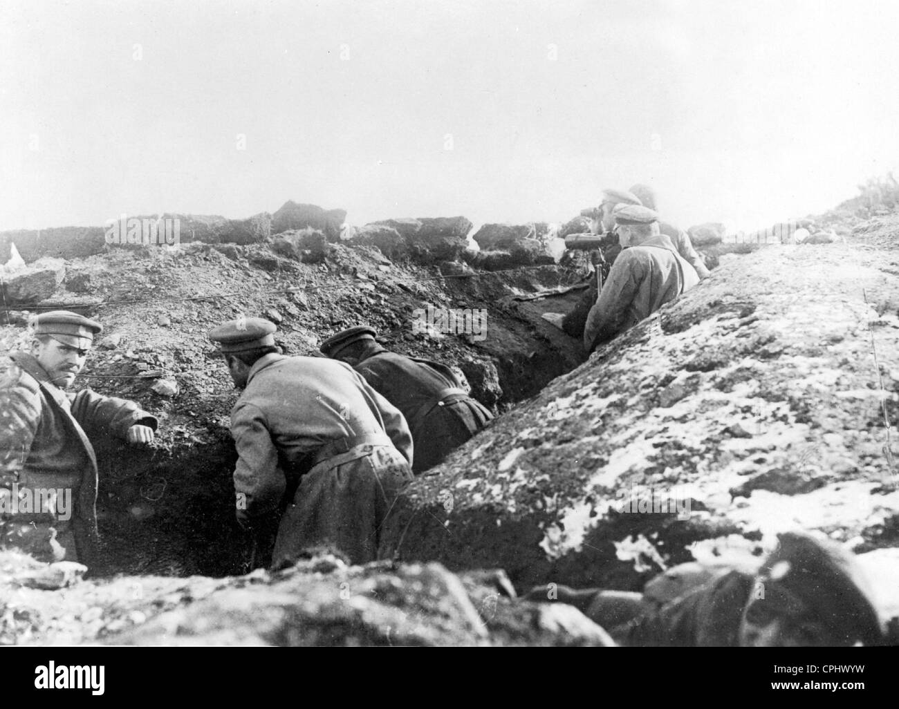 Bulgarian officers observe in a trench, 1917 Stock Photo