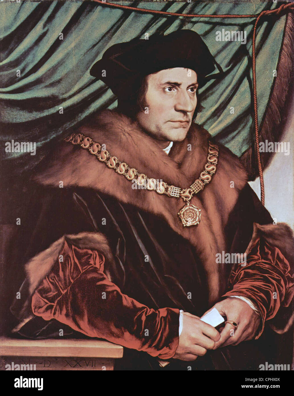 THOMAS MORE (1478-1535) English lawyer and Renaissance humanist as Lord Chancellor by Hans Holbein the Younger in 1527 Stock Photo