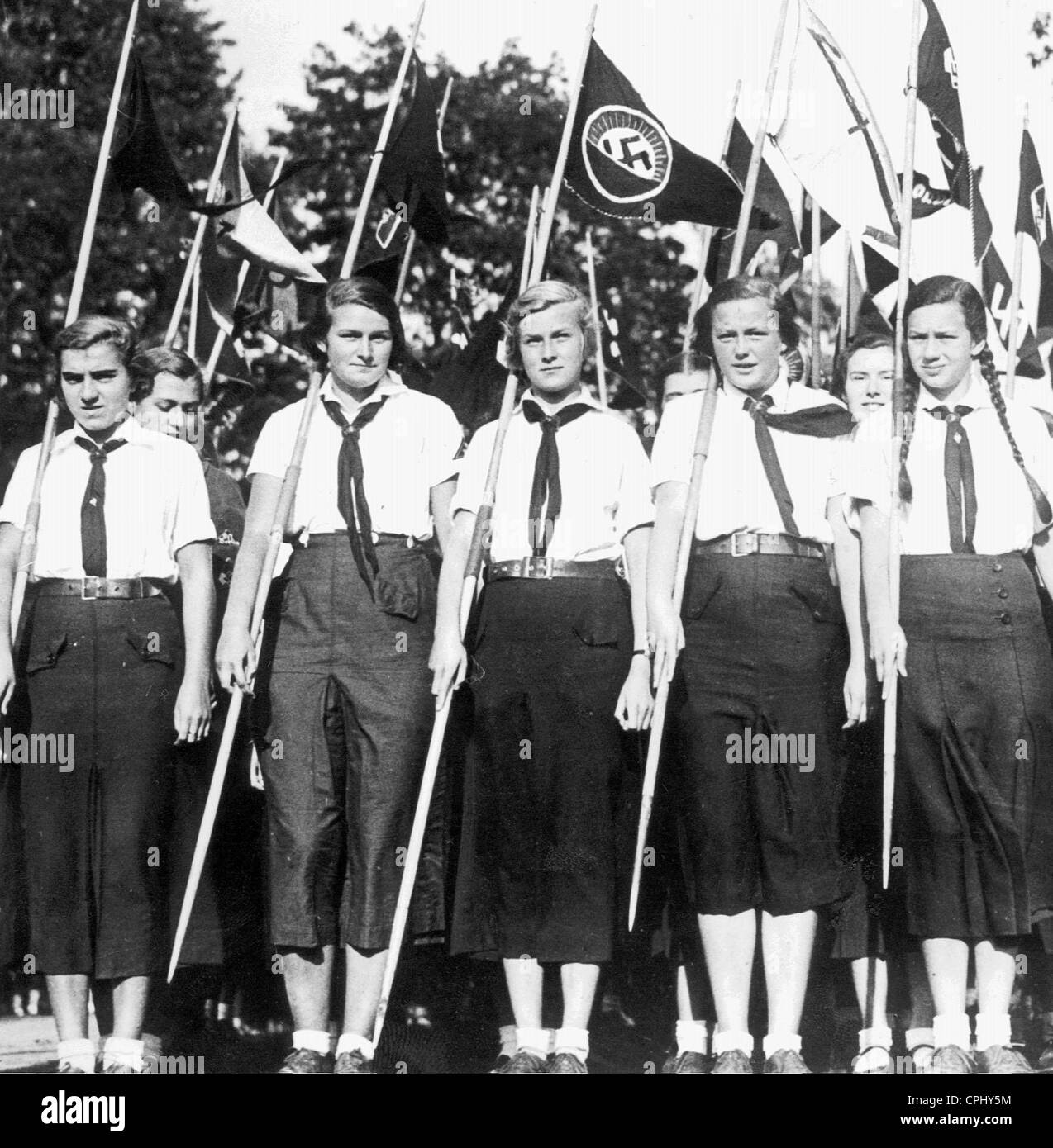 Young girls with flags, 1937 Stock Photo