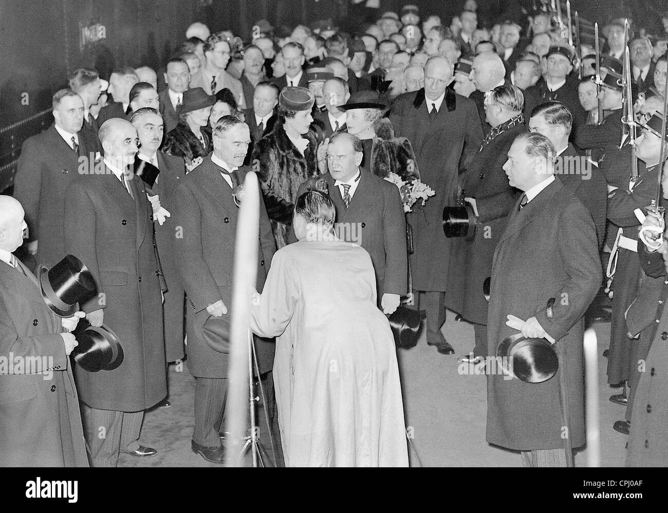 Arthur Neville Chamberlain and Edouard Daladier at a press conference, 1938 Stock Photo