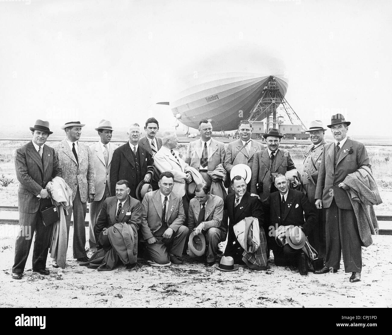 German Industrials of the Opel Group after their arrival with the zeppelin, 1936 Stock Photo