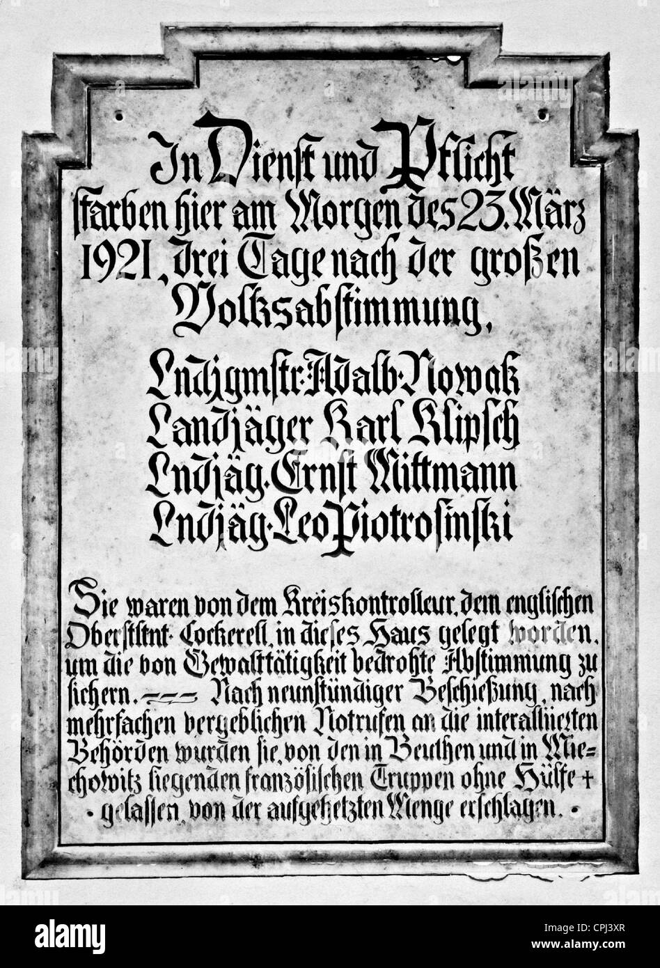 Plaque for the German fallen after the plebiscite in Upper Silesia, 1921 Stock Photo