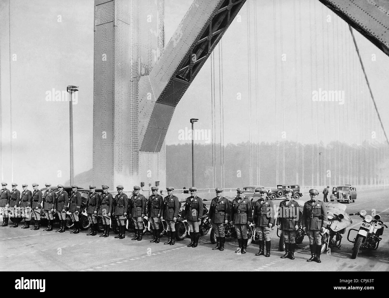 Police on the Oakland Bay Bridge in San Francisco, 1937 Stock Photo