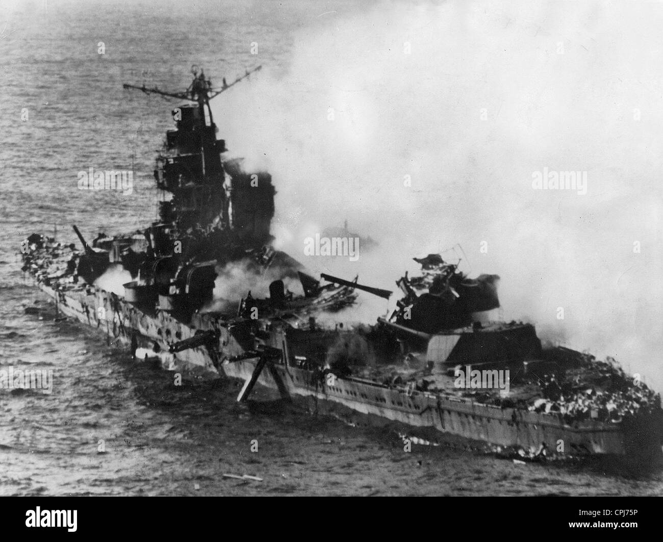 Japanese Cruiser at the The Battle of Midway, 1942 (b/w photo) Stock Photo